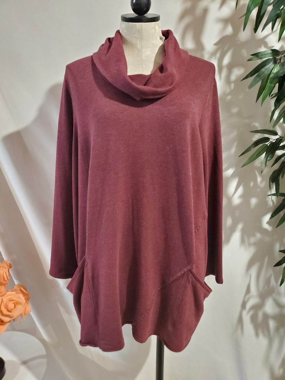 J Jill Pure Jill Cowl Neck Cozy Pullover Tunic Sweater Size 2X Maroon Pockets